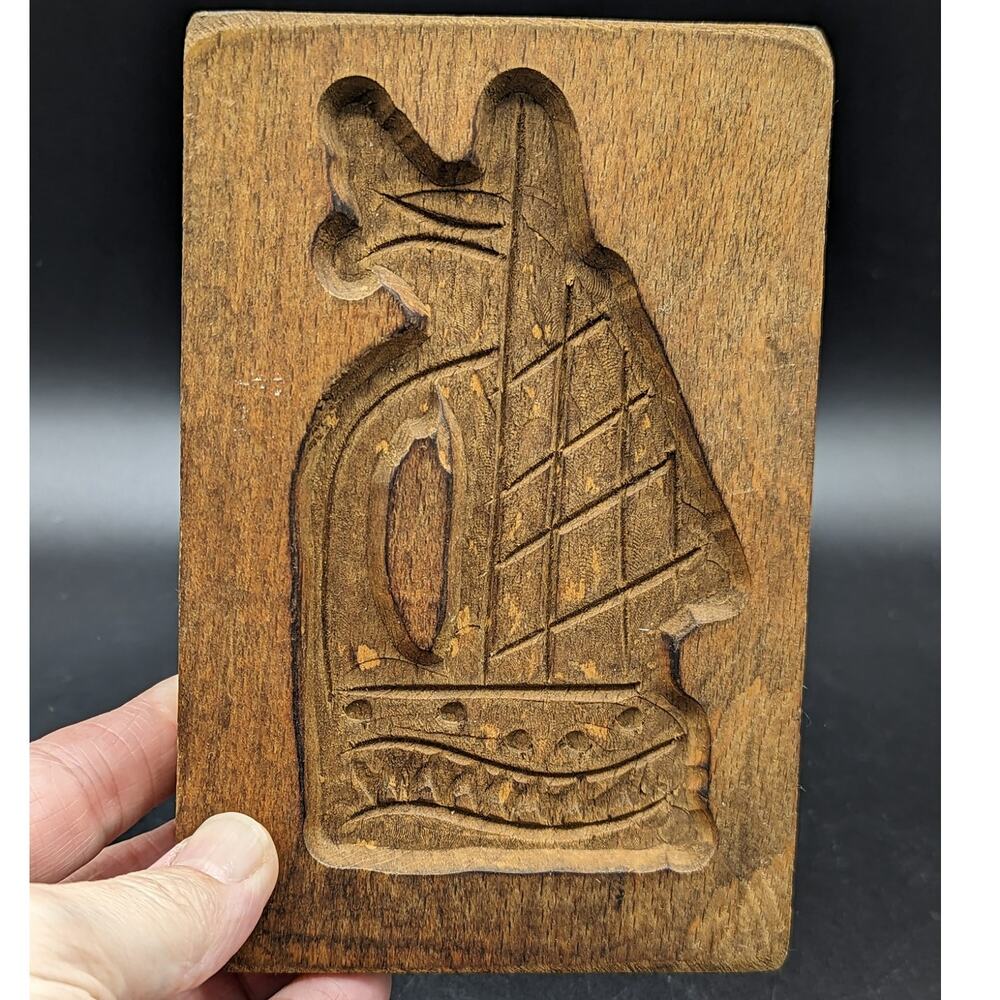 Vintage Butter Mold Cookie Press Wood Hanging Ship Boat 6"X4" Wall Decor Boho